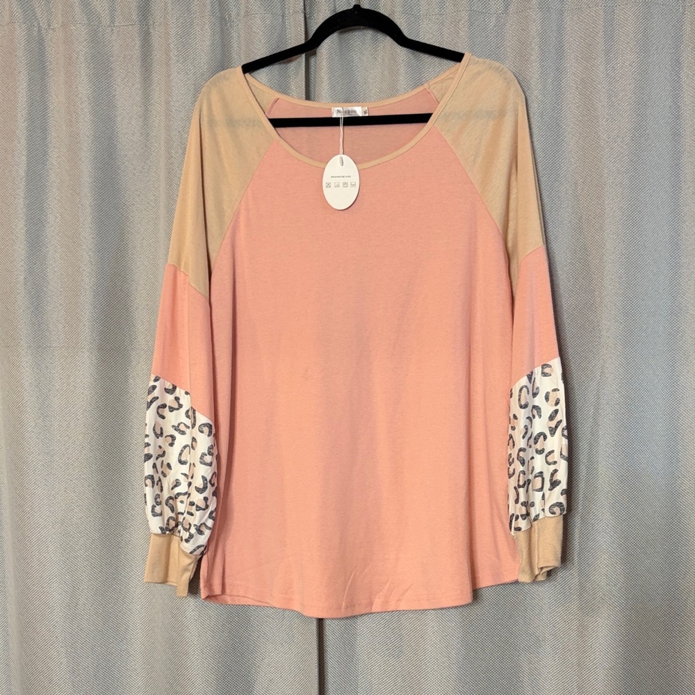 Women’s Blush Pink Raglan Sleeve Top with Leopard Print Panels